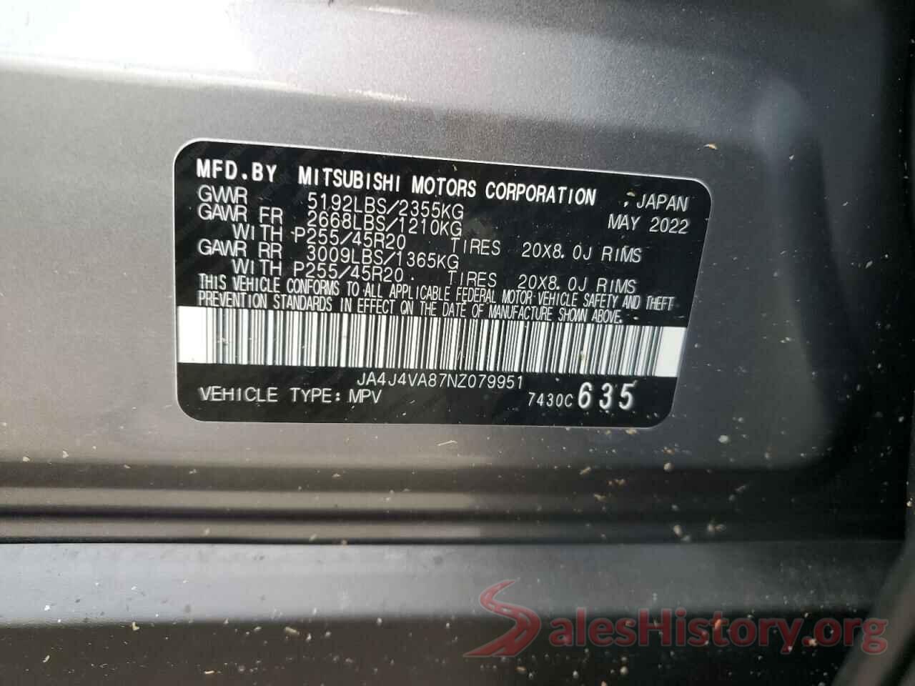 JA4J4VA87NZ079951 2022 MITSUBISHI OUTLANDER