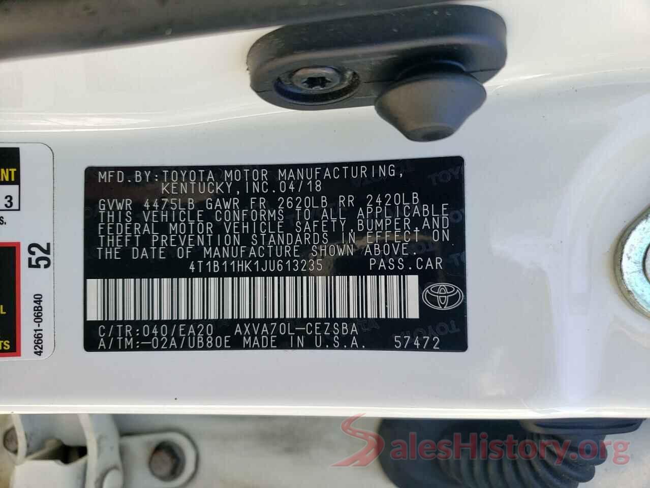 4T1B11HK1JU613235 2018 TOYOTA CAMRY