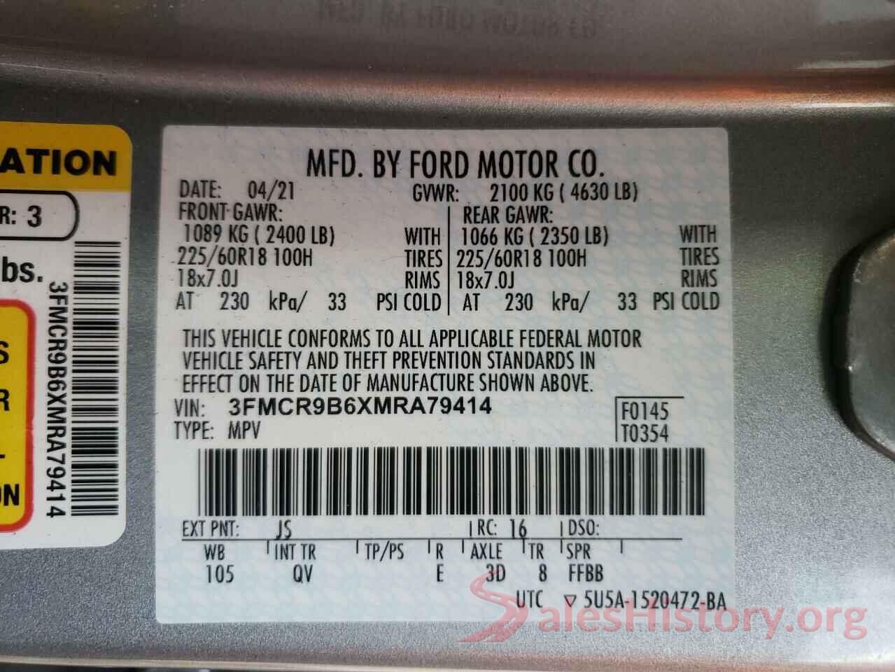 3FMCR9B6XMRA79414 2021 FORD BRONCO