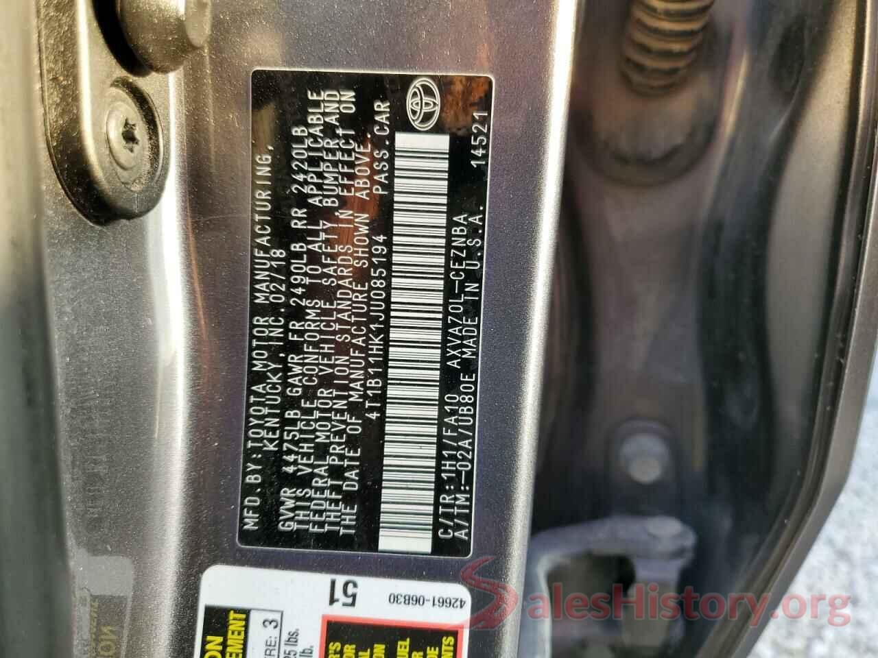 4T1B11HK1JU085194 2018 TOYOTA CAMRY