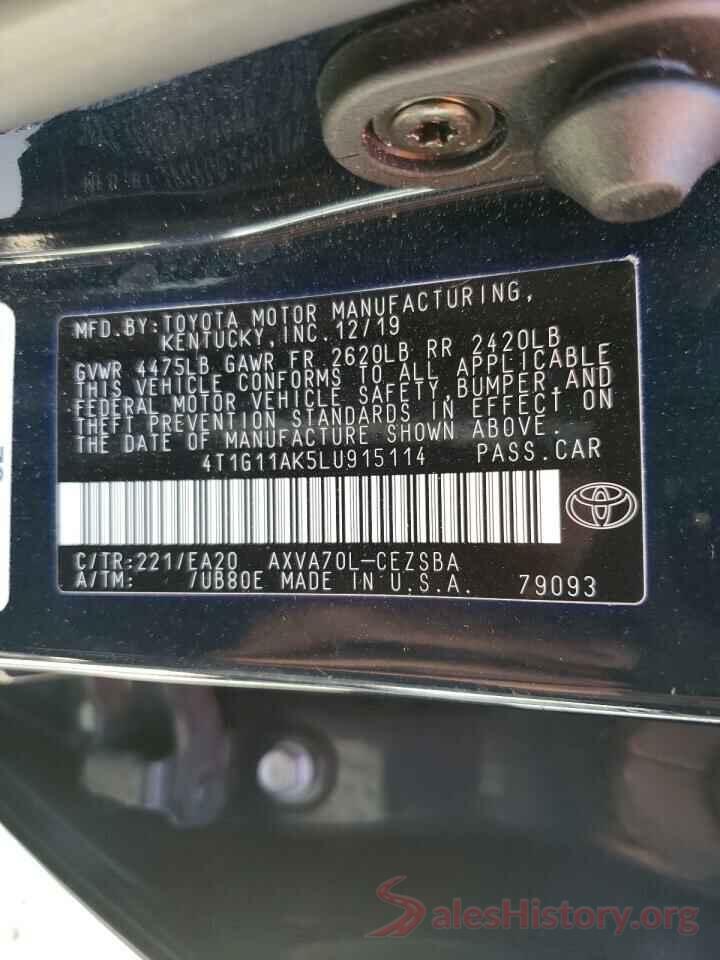 4T1G11AK5LU915114 2020 TOYOTA CAMRY