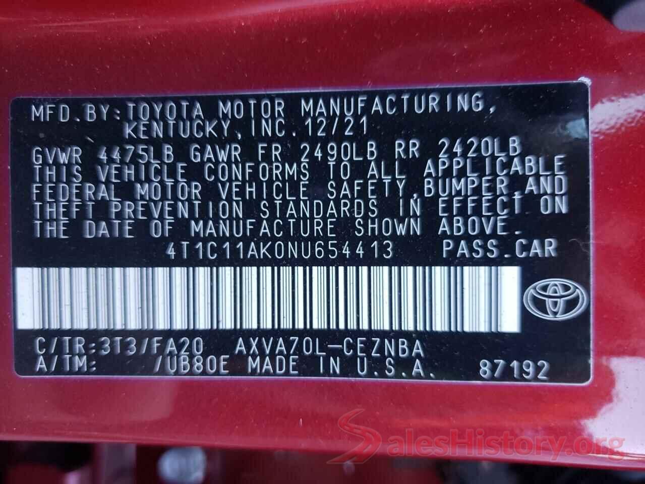 4T1C11AK0NU654413 2022 TOYOTA CAMRY