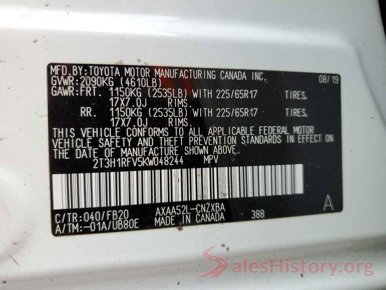 2T3H1RFV5KW048244 2019 TOYOTA RAV4