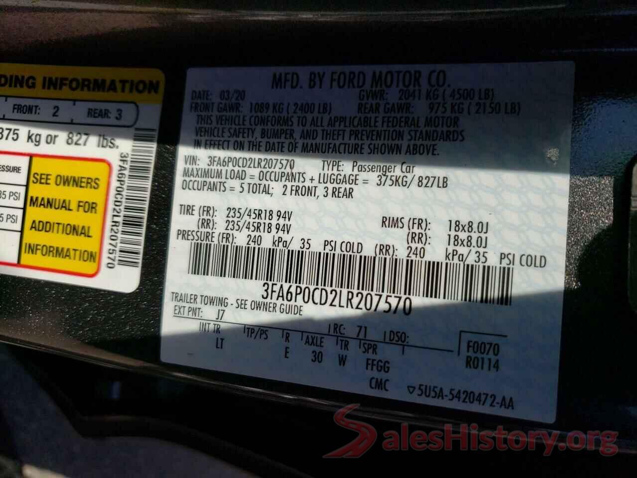 3FA6P0CD2LR207570 2020 FORD FUSION