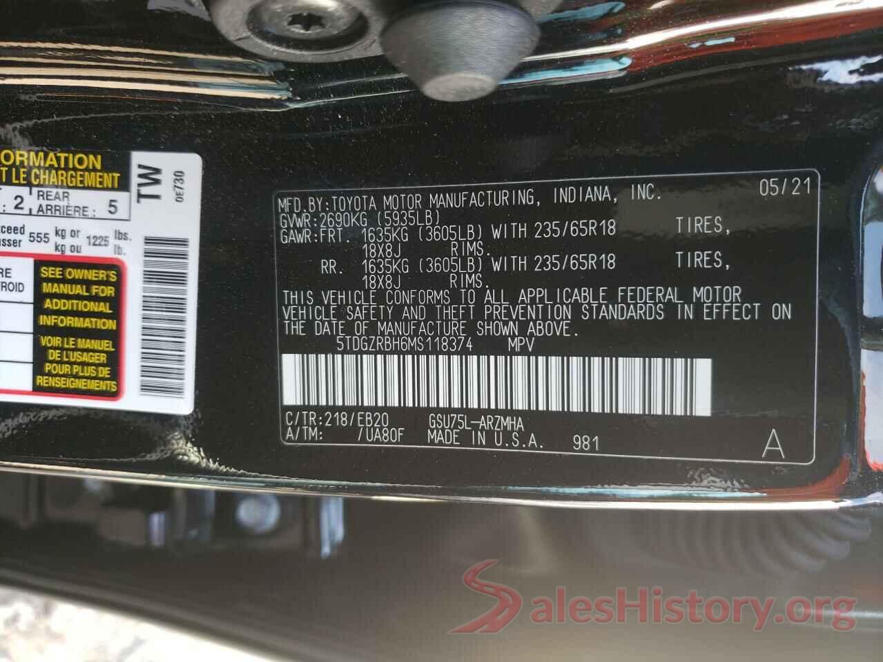 5TDGZRBH6MS118374 2021 TOYOTA HIGHLANDER