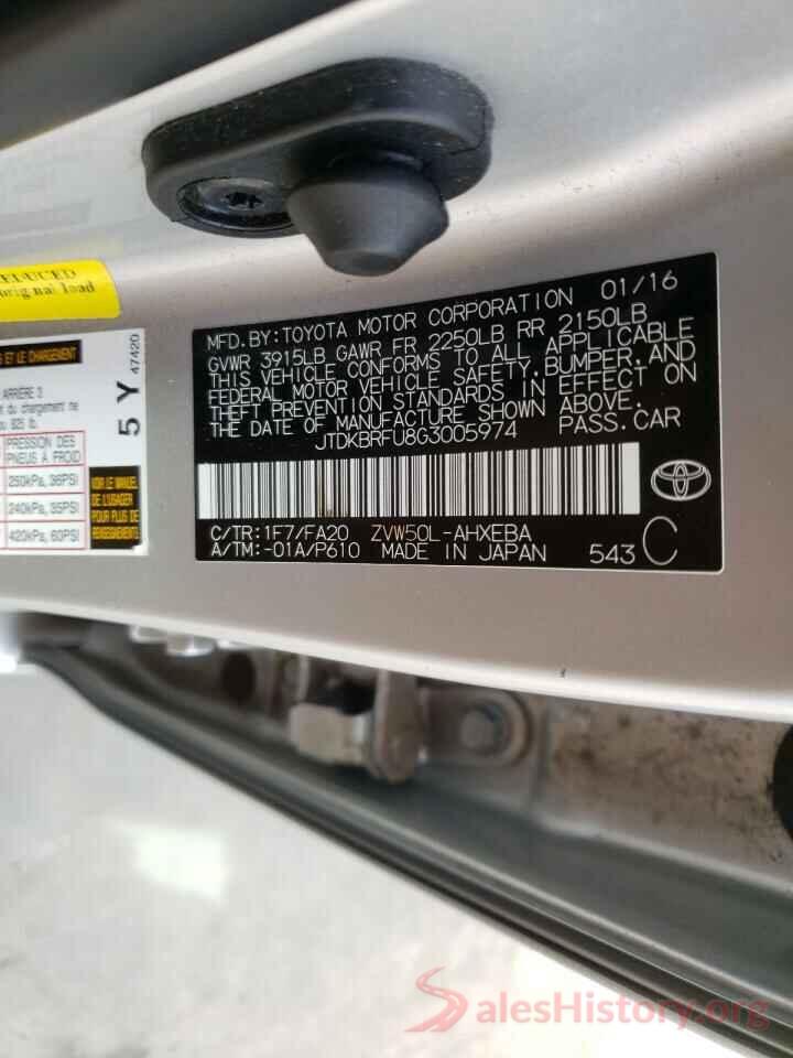 JTDKBRFU8G3005974 2016 TOYOTA PRIUS