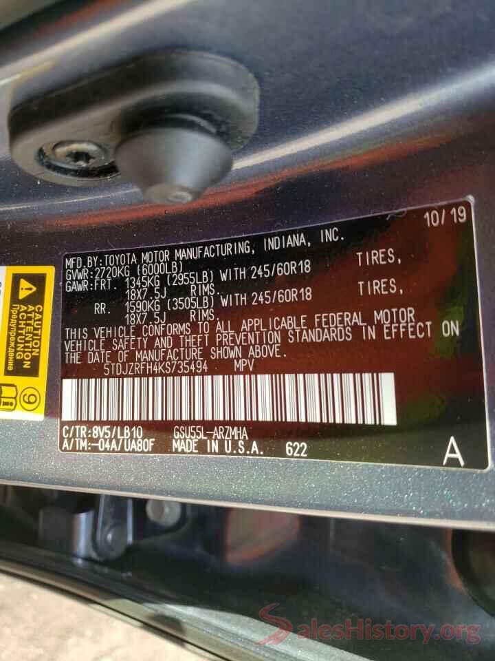 5TDJZRFH4KS735494 2019 TOYOTA HIGHLANDER