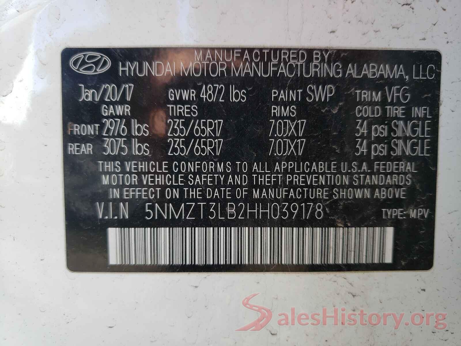 5NMZT3LB2HH039178 2017 HYUNDAI SANTA FE