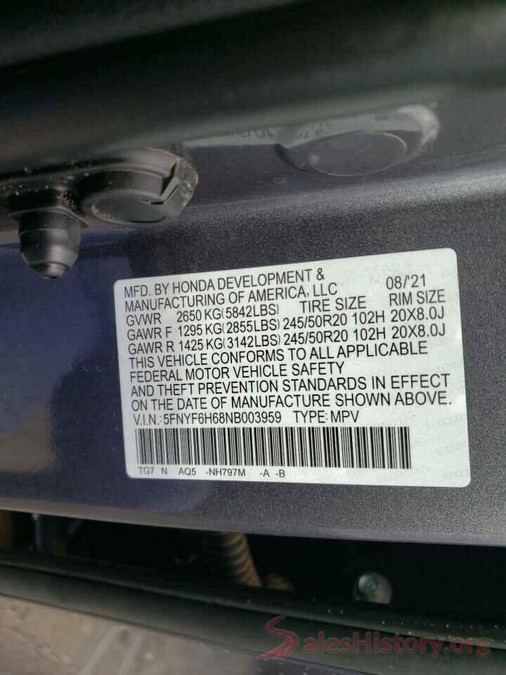 5FNYF6H68NB003959 2022 HONDA PILOT