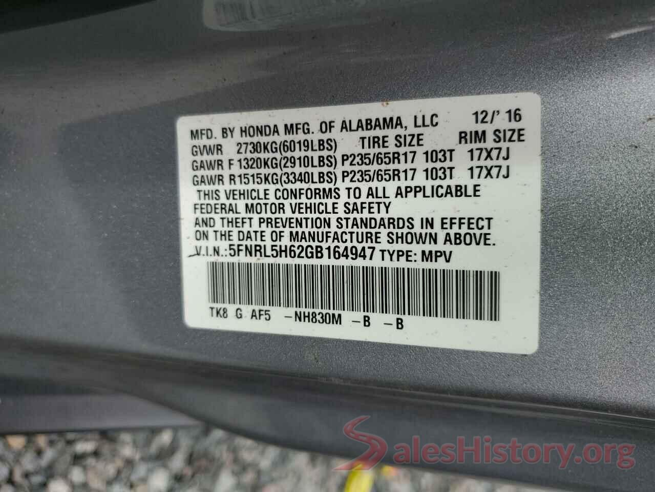 5FNRL5H62GB164947 2016 HONDA ODYSSEY