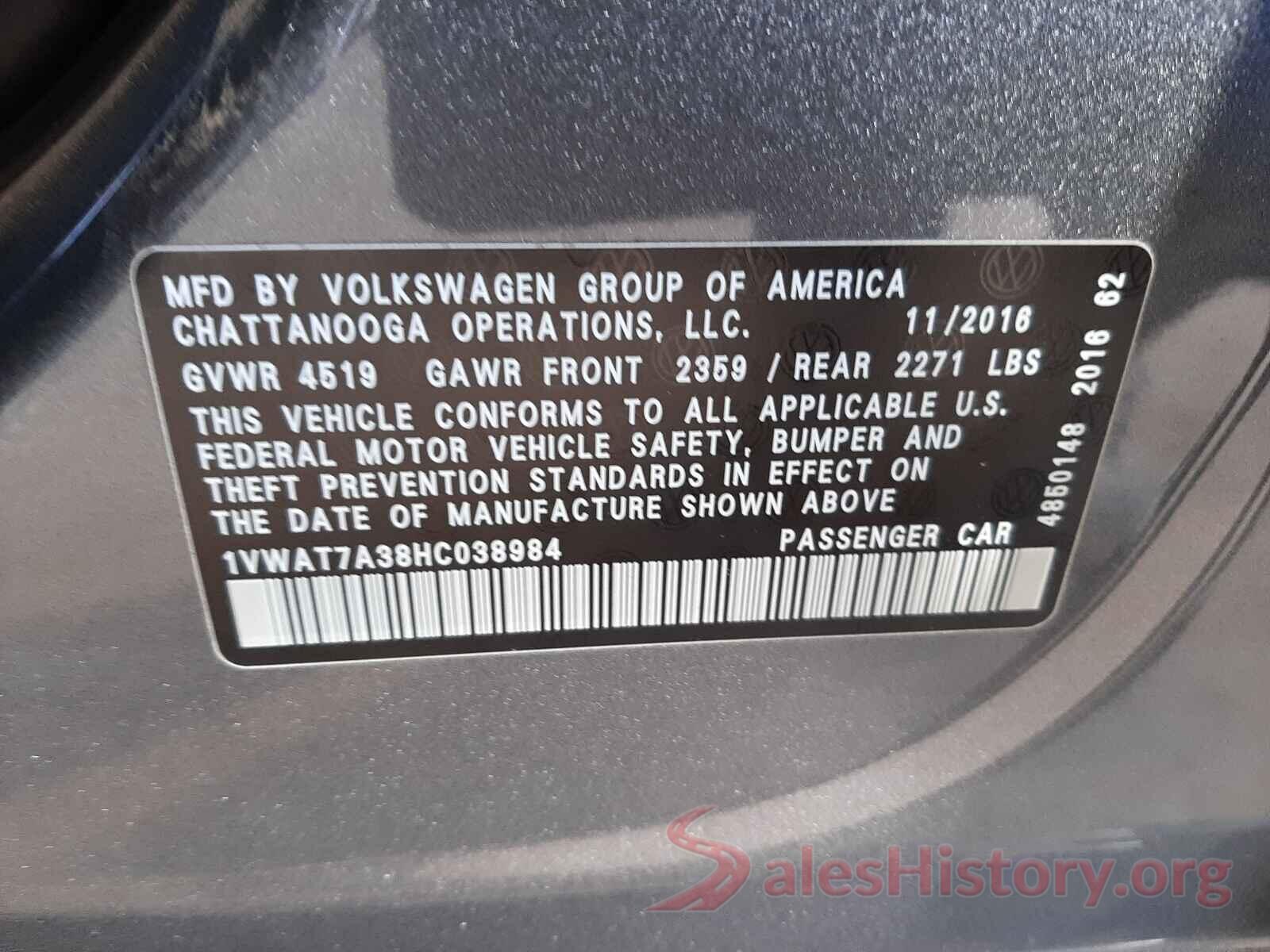 1VWAT7A38HC038984 2017 VOLKSWAGEN PASSAT