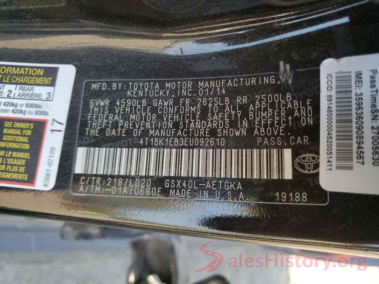 4T1BK1EB3EU092610 2014 TOYOTA AVALON