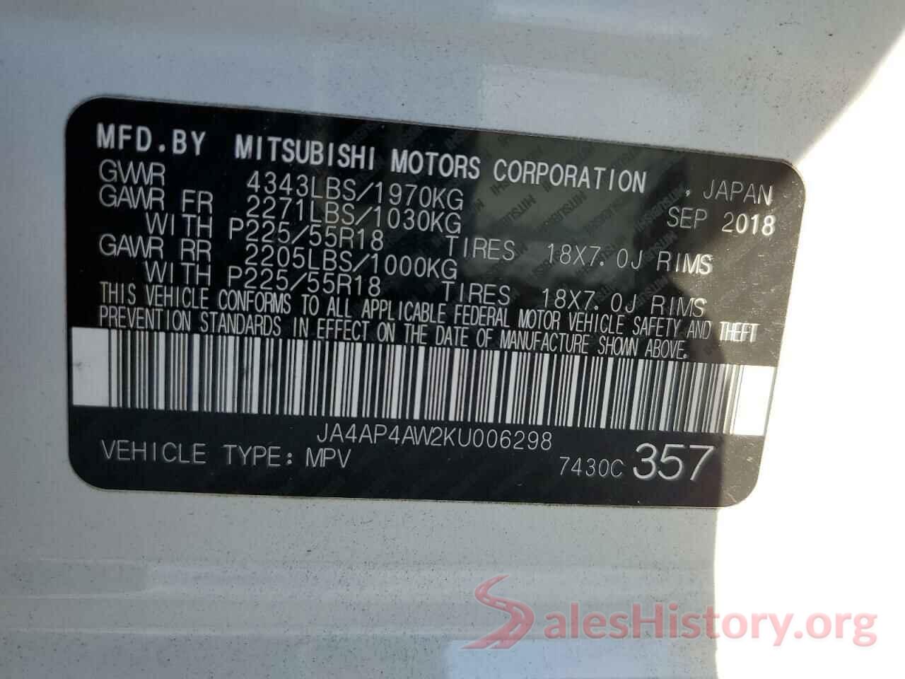 JA4AP4AW2KU006298 2019 MITSUBISHI OUTLANDER