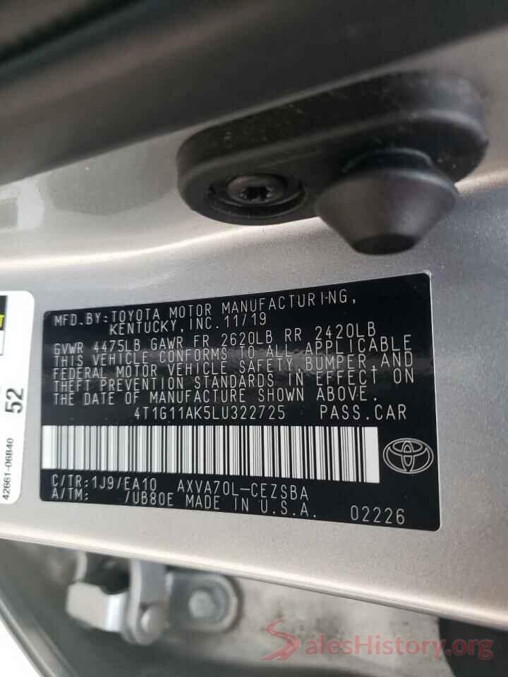 4T1G11AK5LU322725 2020 TOYOTA CAMRY