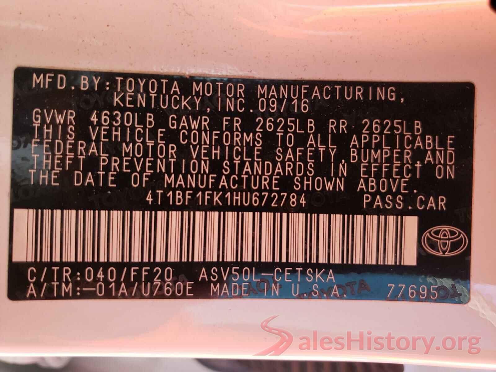 4T1BF1FK1HU672784 2017 TOYOTA CAMRY