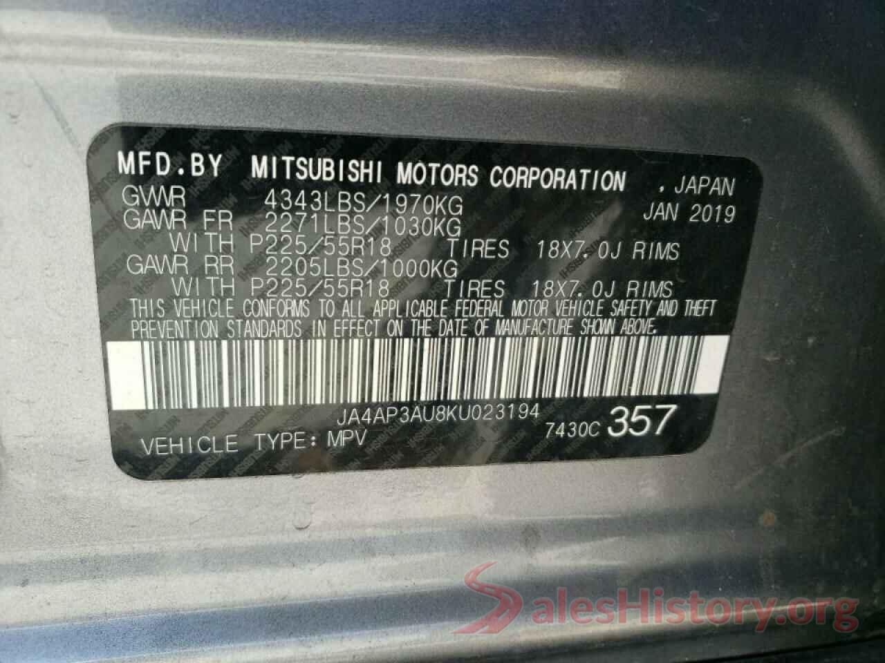 JA4AP3AU8KU023194 2019 MITSUBISHI OUTLANDER