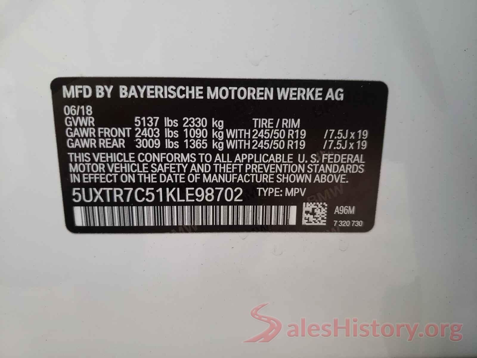 5UXTR7C51KLE98702 2019 BMW X3