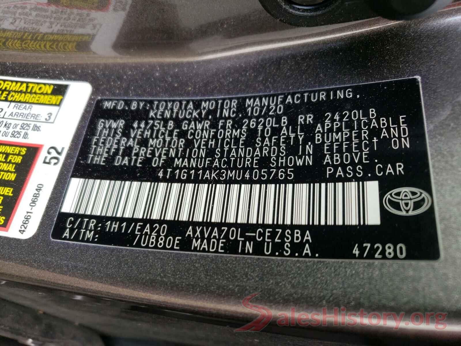 4T1G11AK3MU405765 2021 TOYOTA CAMRY