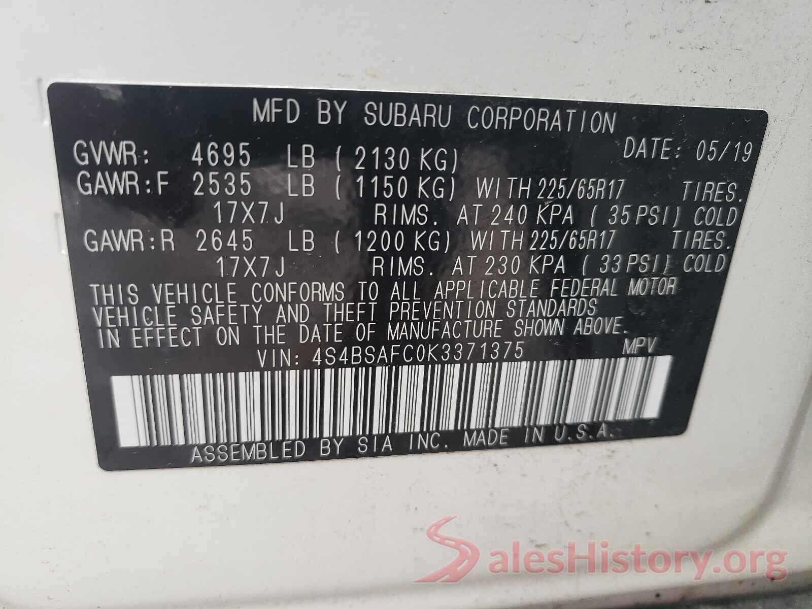 4S4BSAFC0K3371375 2019 SUBARU OUTBACK