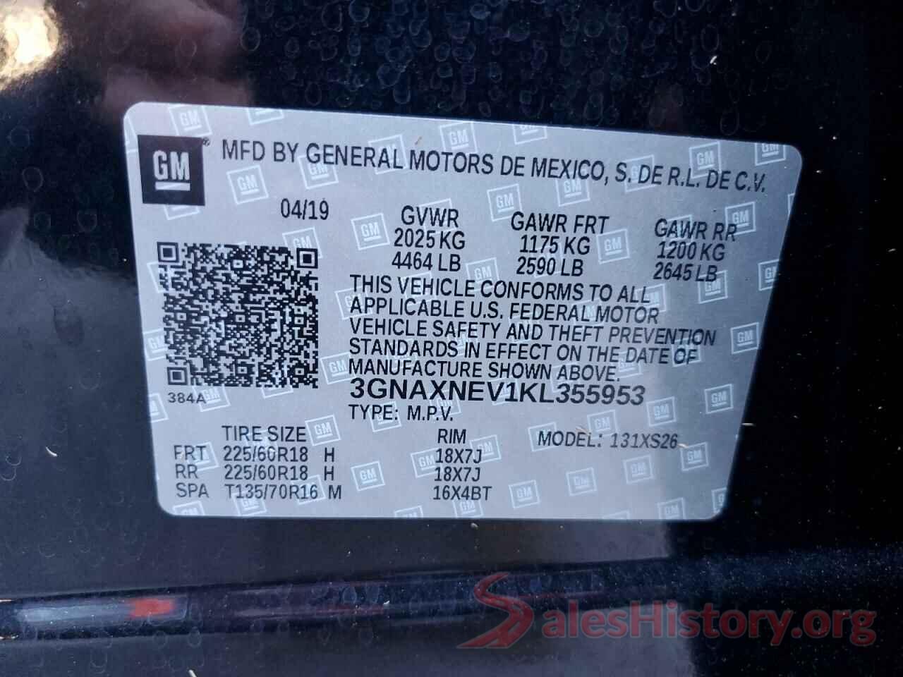 3GNAXNEV1KL355953 2019 CHEVROLET EQUINOX