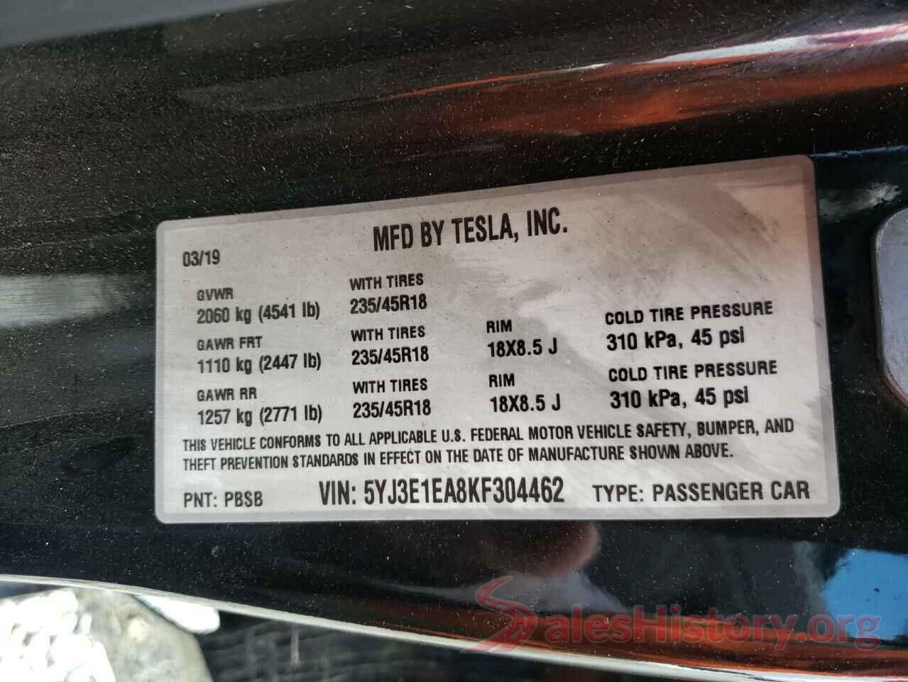 5YJ3E1EA8KF304462 2019 TESLA MODEL 3