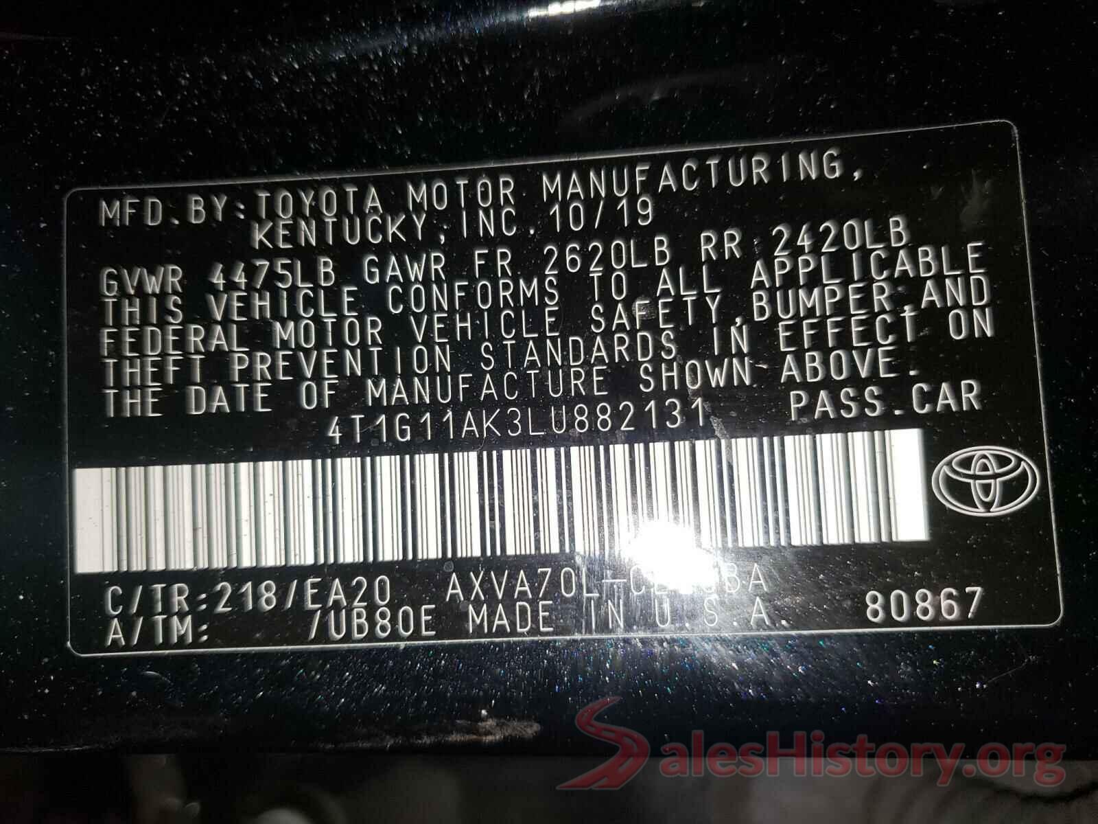 4T1G11AK3LU882131 2020 TOYOTA CAMRY