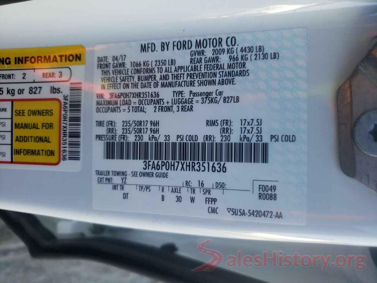 3FA6P0H7XHR351636 2017 FORD FUSION