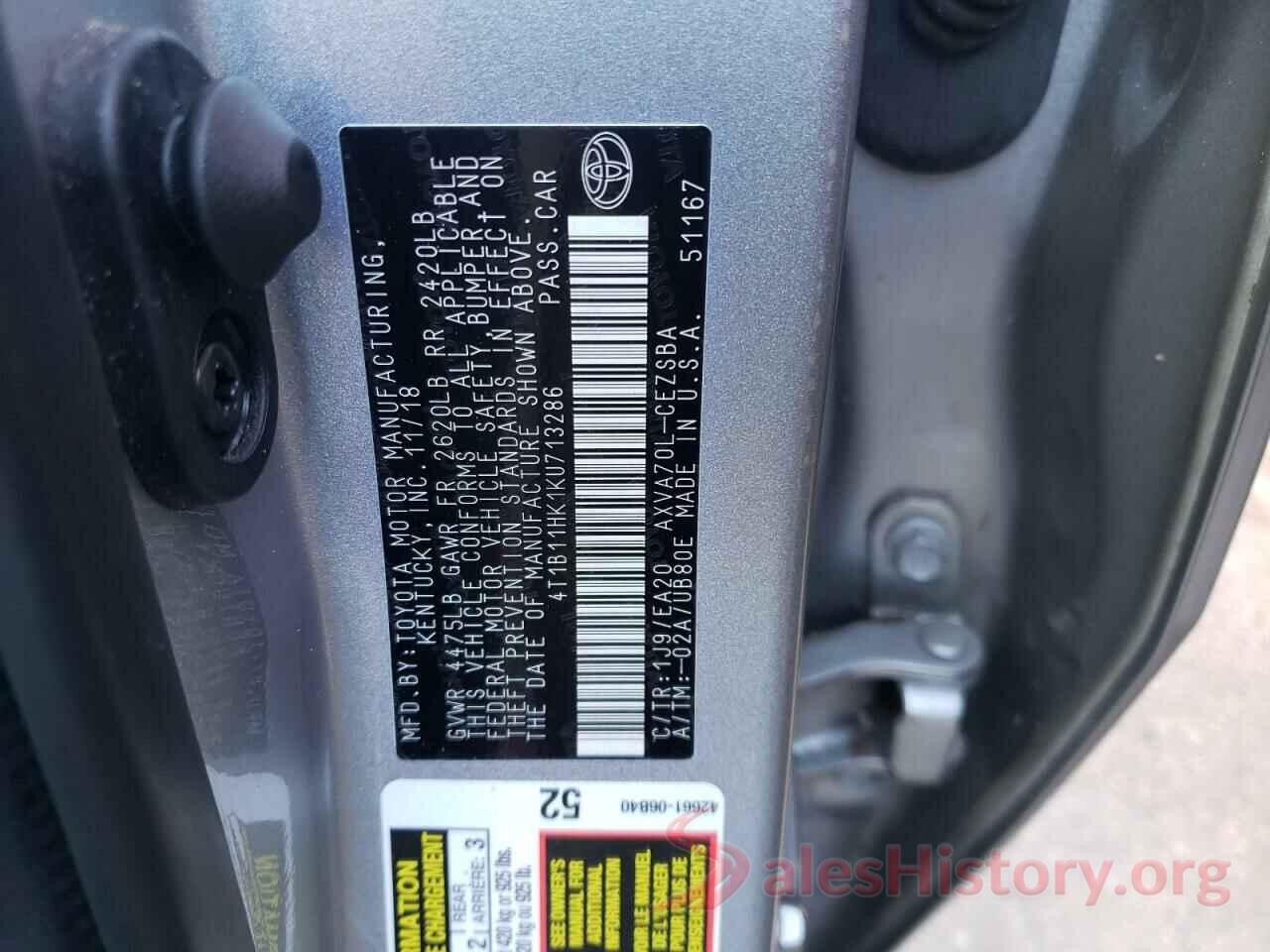 4T1B11HK1KU713286 2019 TOYOTA CAMRY