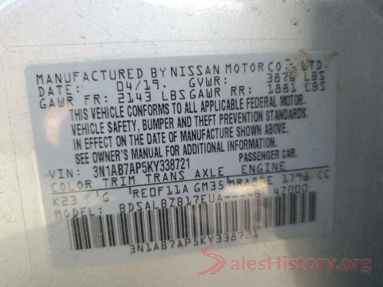 3N1AB7AP5KY338721 2019 NISSAN SENTRA