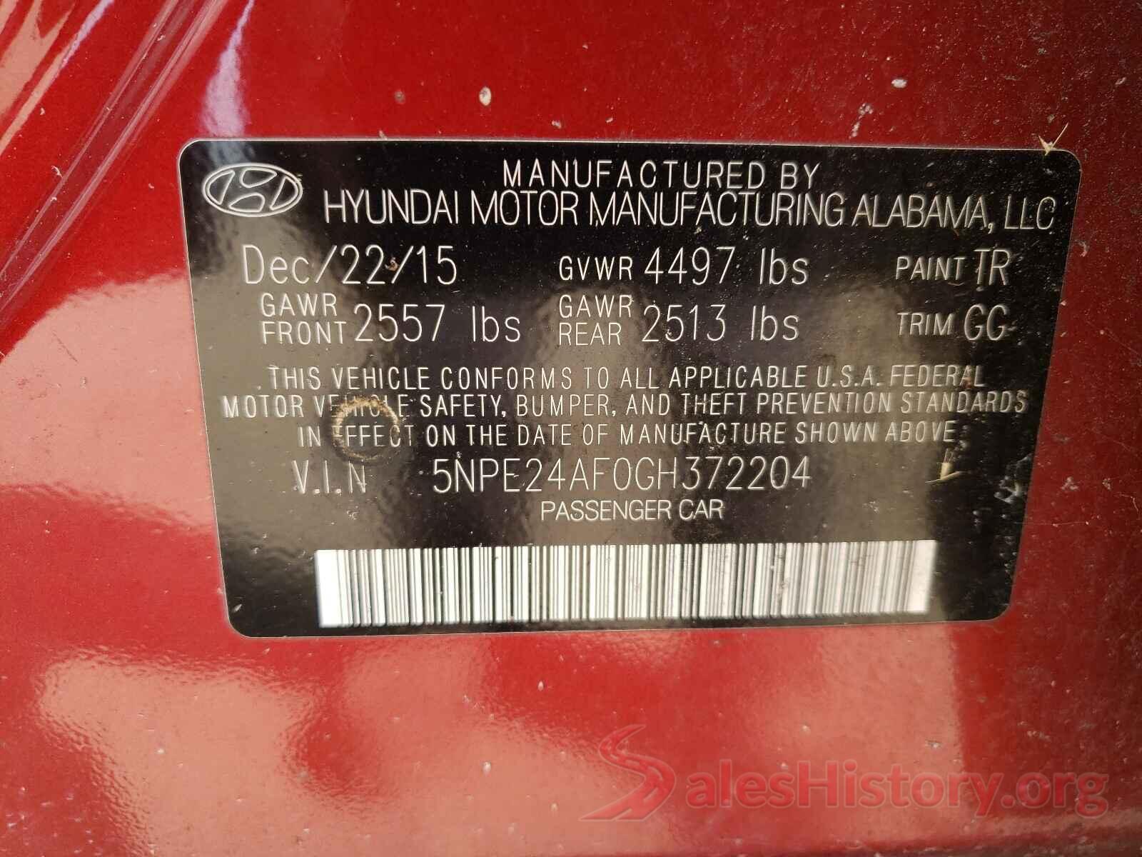 5NPE24AF0GH372204 2016 HYUNDAI SONATA