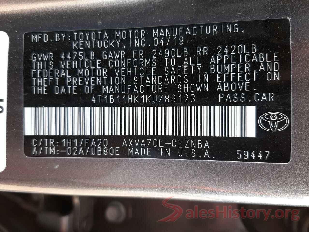 4T1B11HK1KU789123 2019 TOYOTA CAMRY