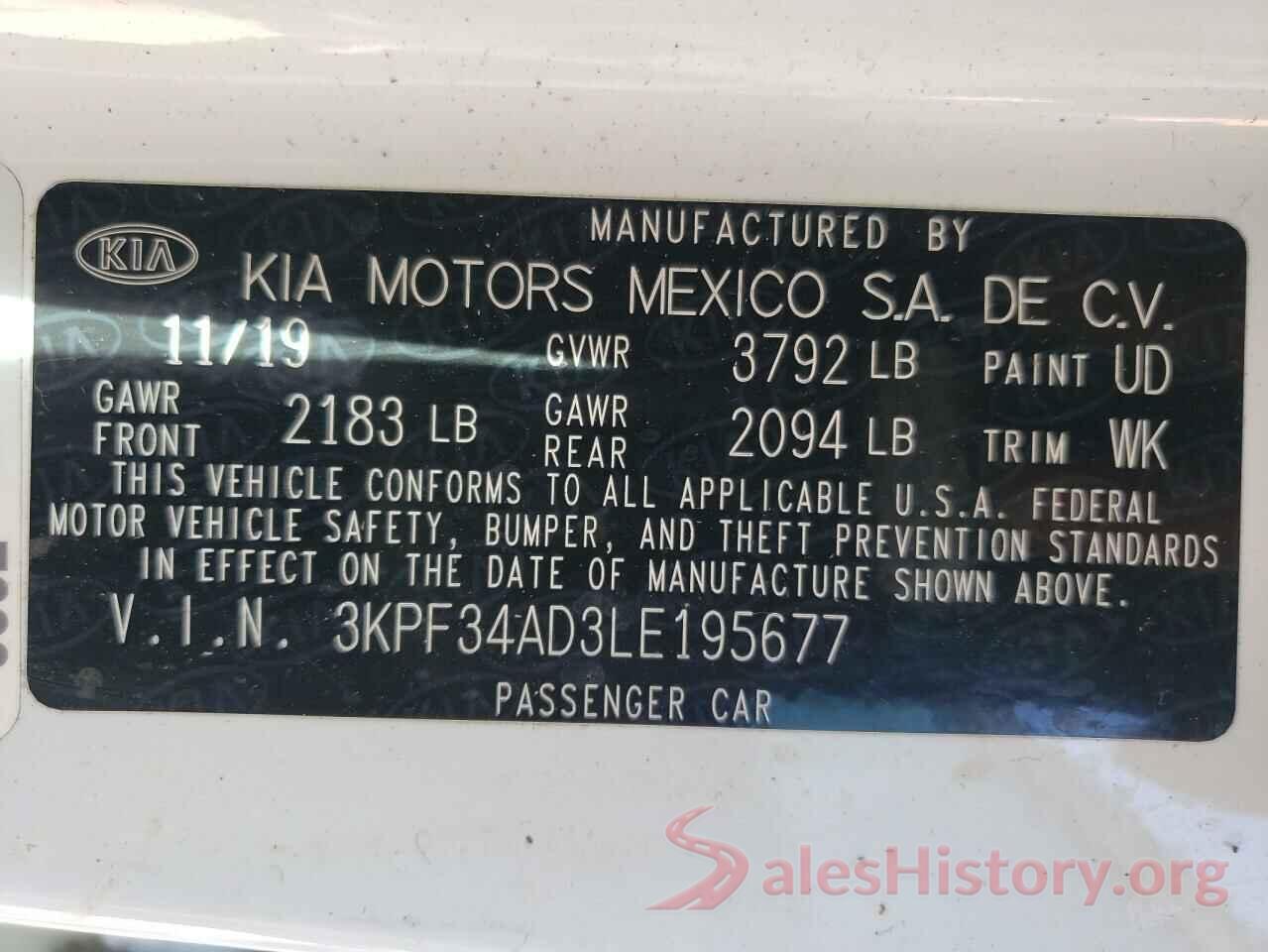 3KPF34AD3LE195677 2020 KIA FORTE