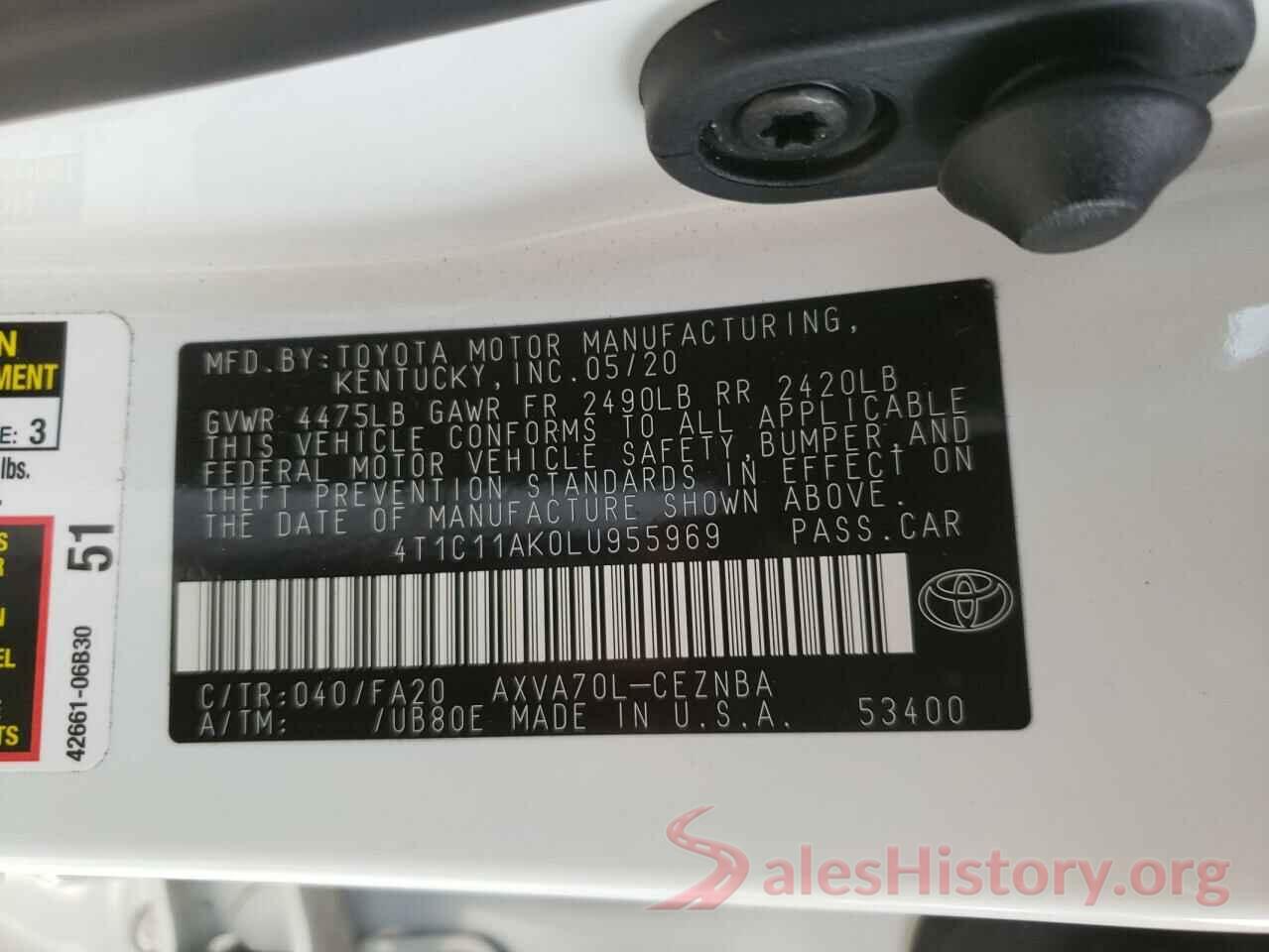 4T1C11AK0LU955969 2020 TOYOTA CAMRY