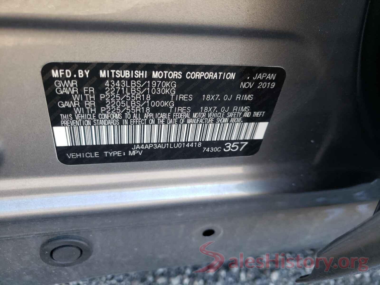 JA4AP3AU1LU014418 2020 MITSUBISHI OUTLANDER