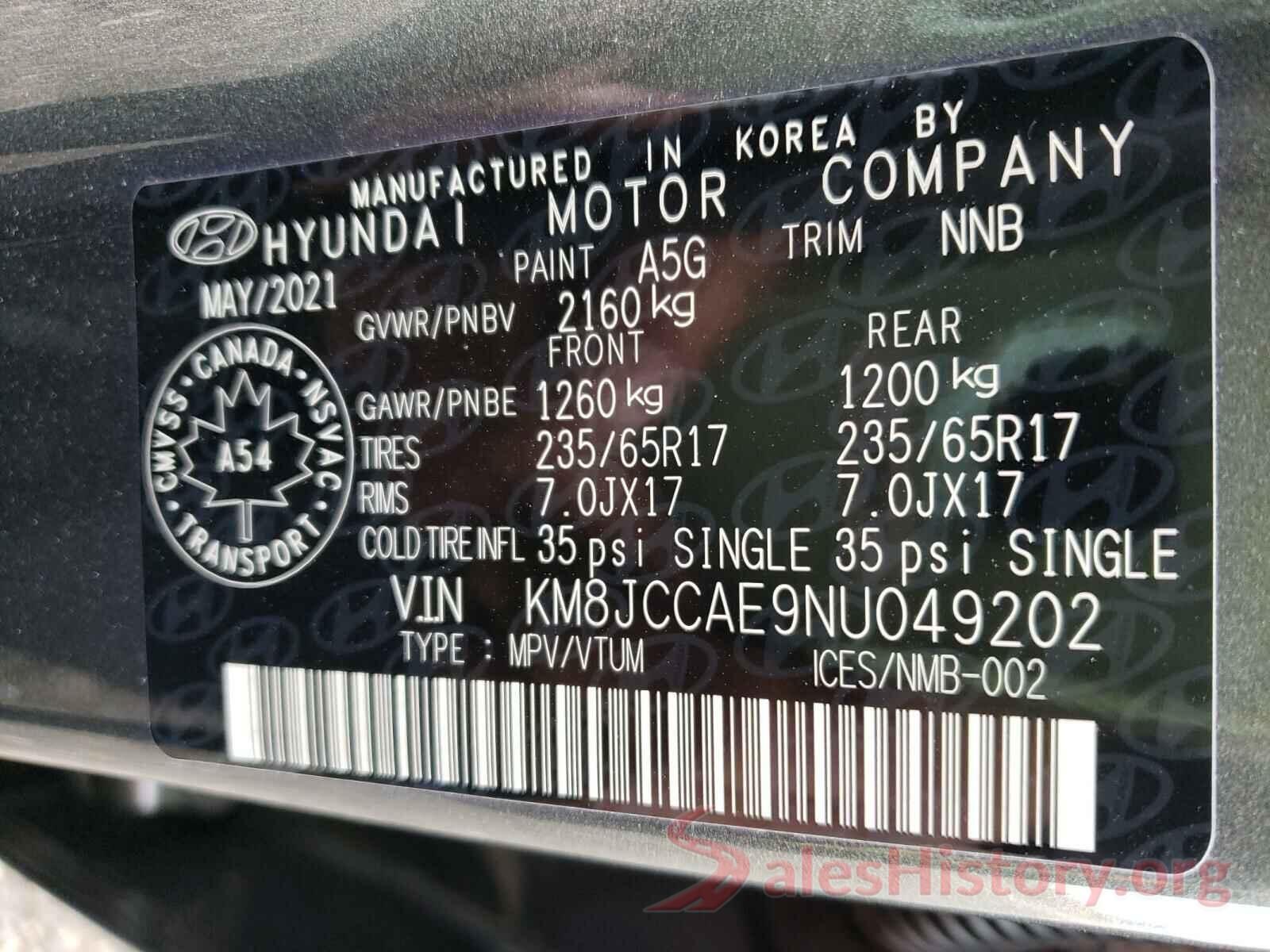 KM8JCCAE9NU049202 2022 HYUNDAI TUCSON