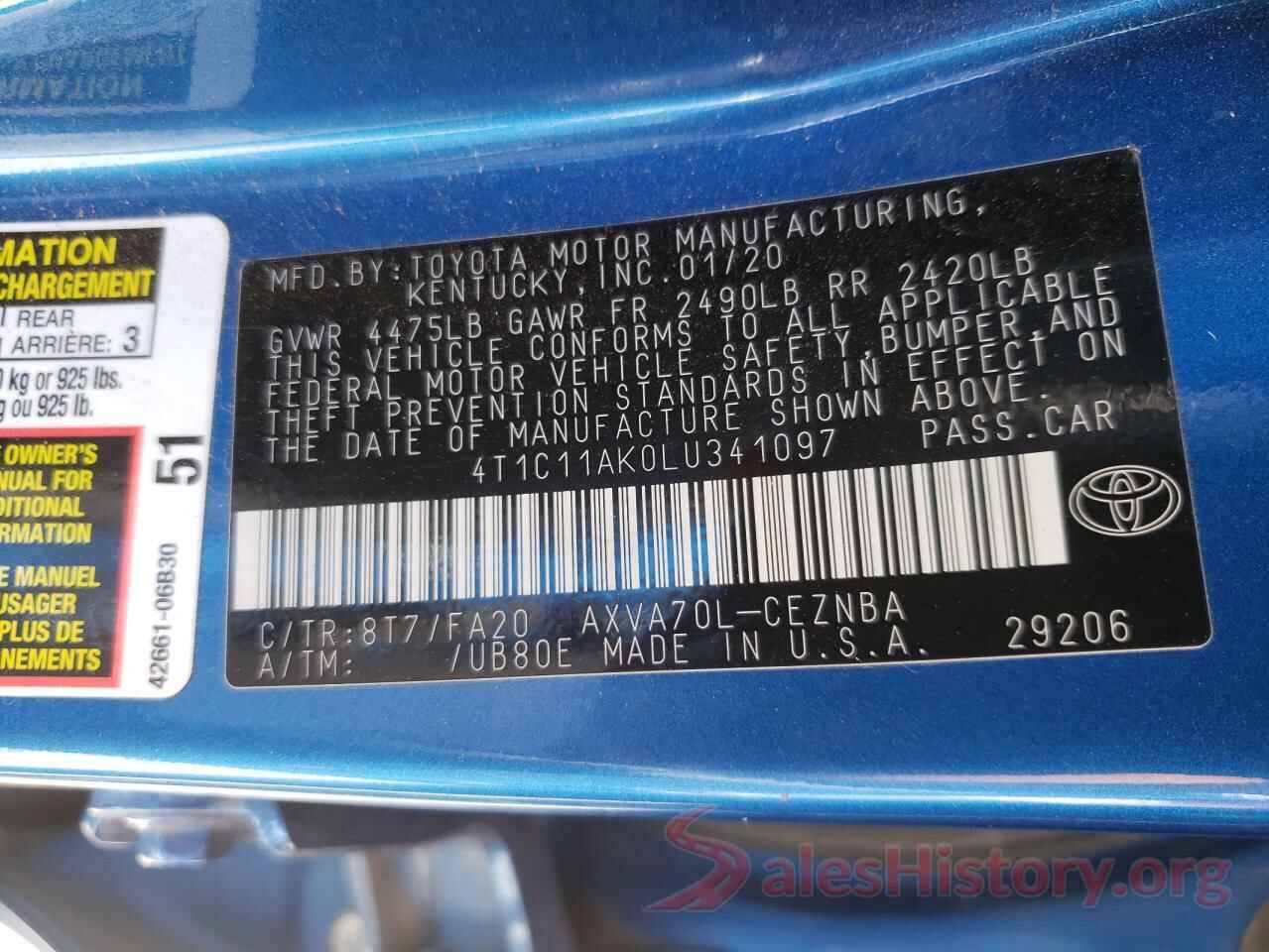 4T1C11AK0LU341097 2020 TOYOTA CAMRY