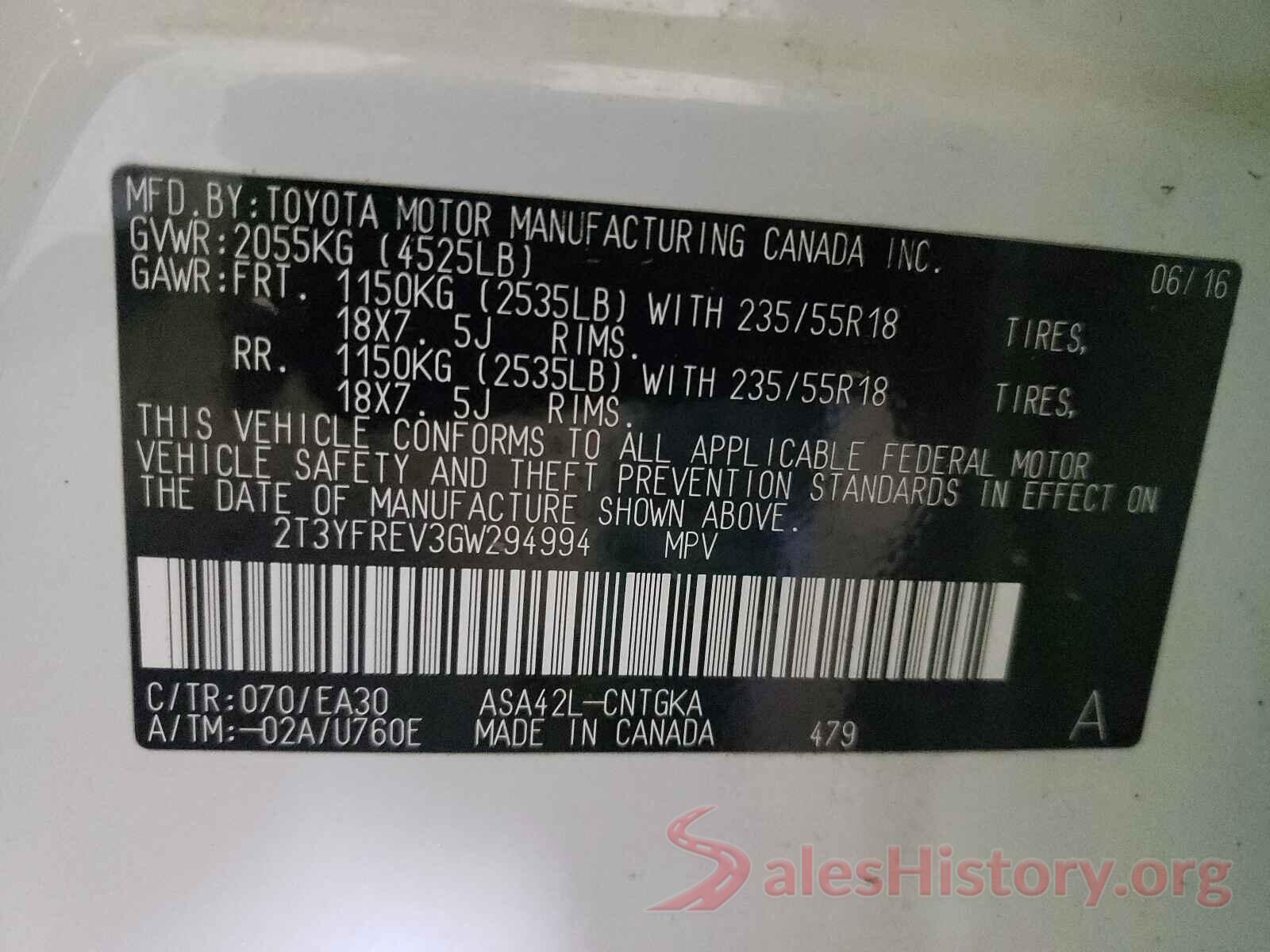 2T3YFREV3GW294994 2016 TOYOTA RAV4