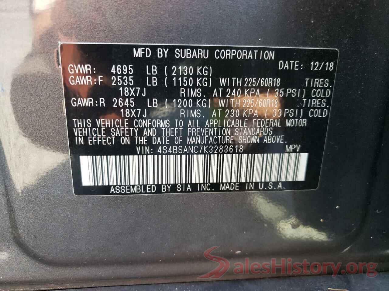 4S4BSANC7K3283618 2019 SUBARU OUTBACK