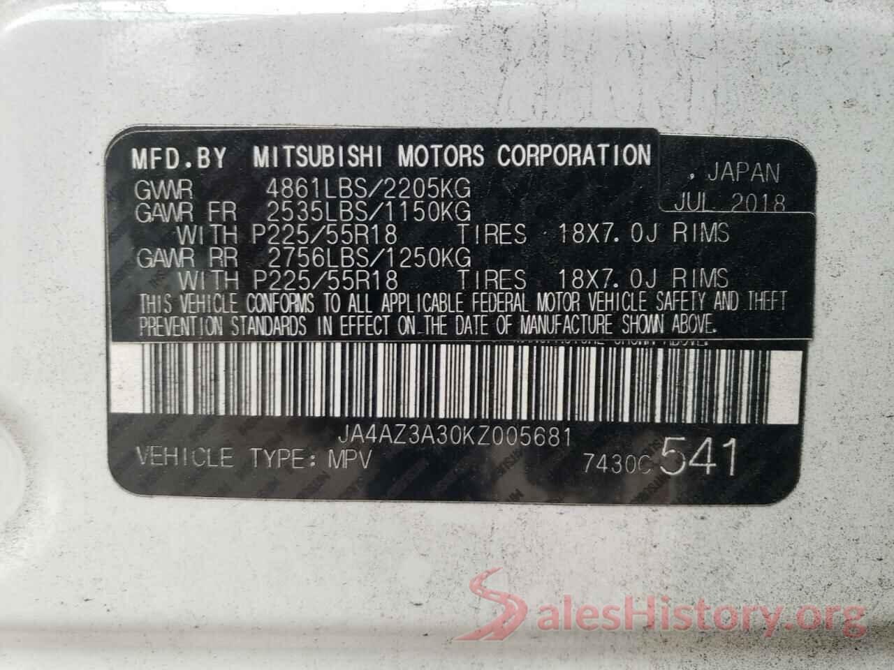 JA4AZ3A30KZ005681 2019 MITSUBISHI OUTLANDER