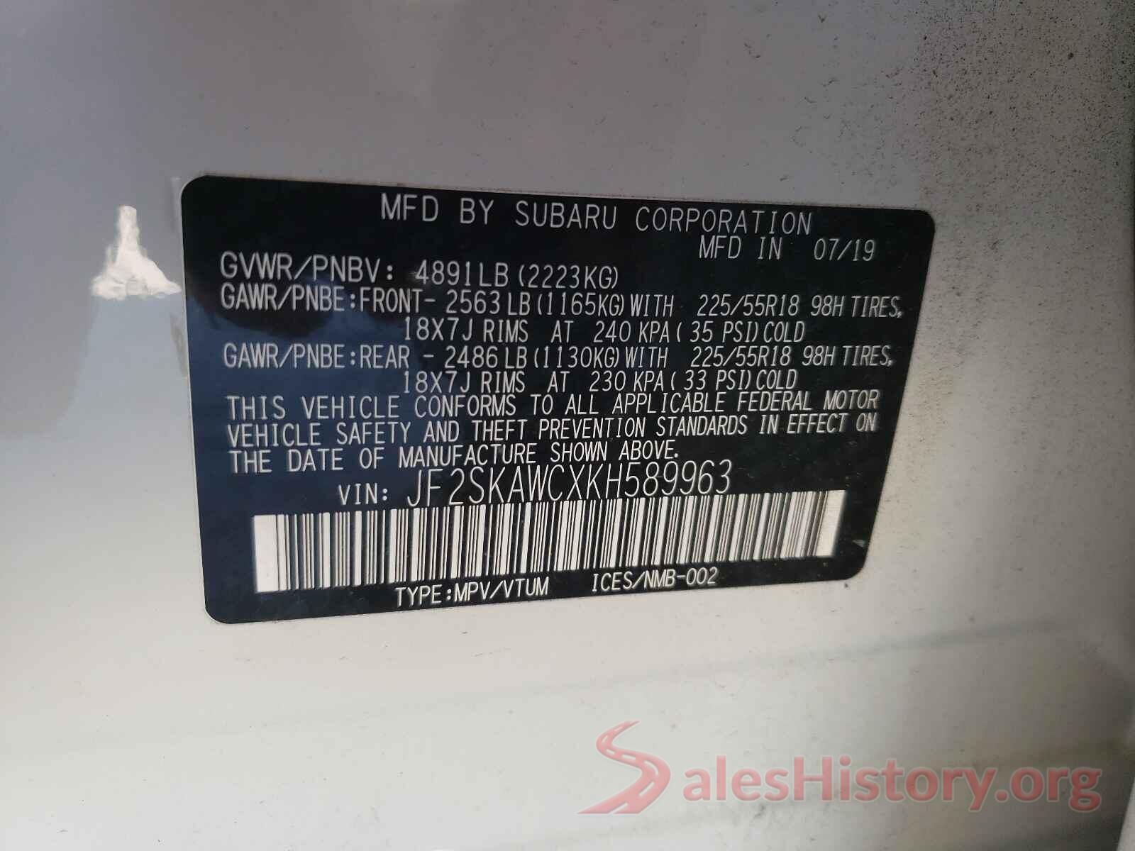 JF2SKAWCXKH589963 2019 SUBARU FORESTER