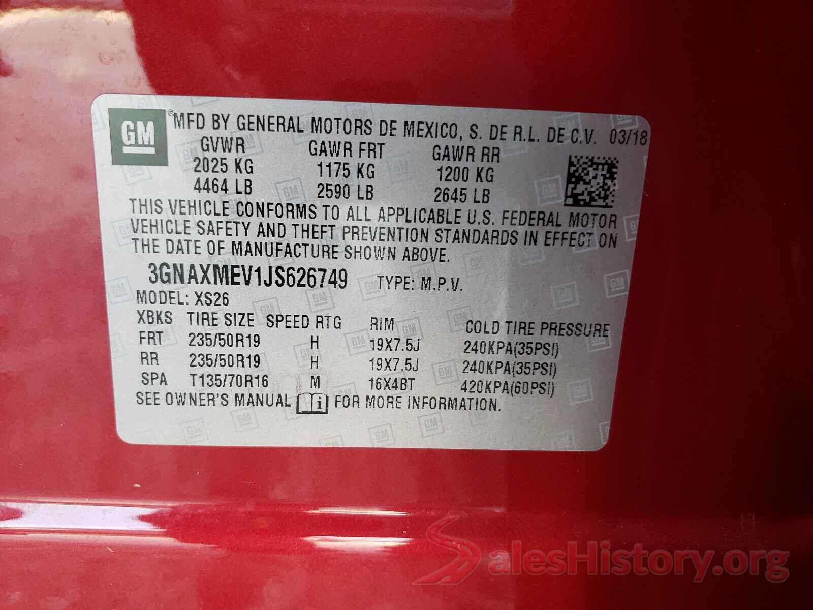 3GNAXMEV1JS626749 2018 CHEVROLET EQUINOX