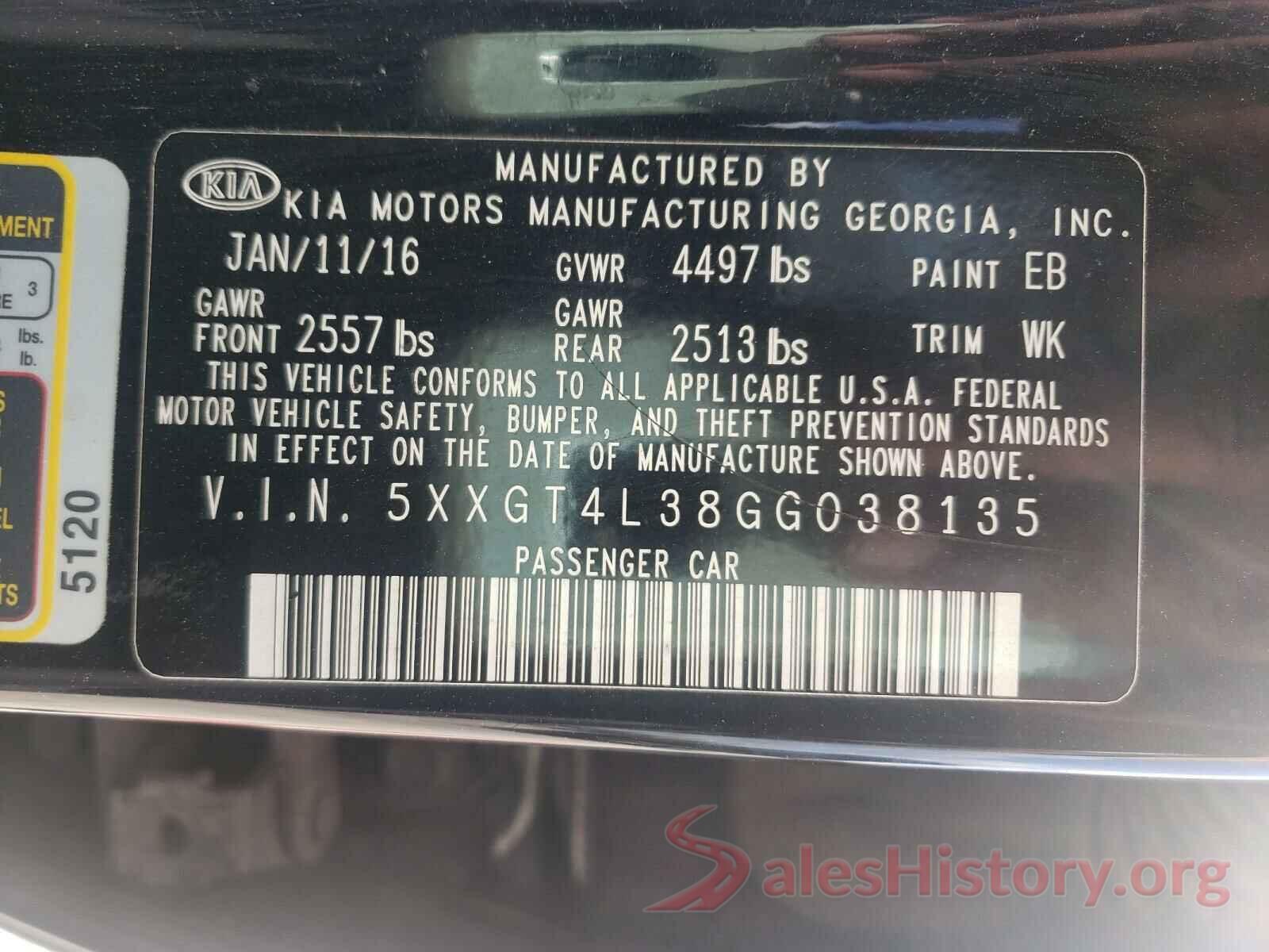 5XXGT4L38GG038135 2016 KIA OPTIMA