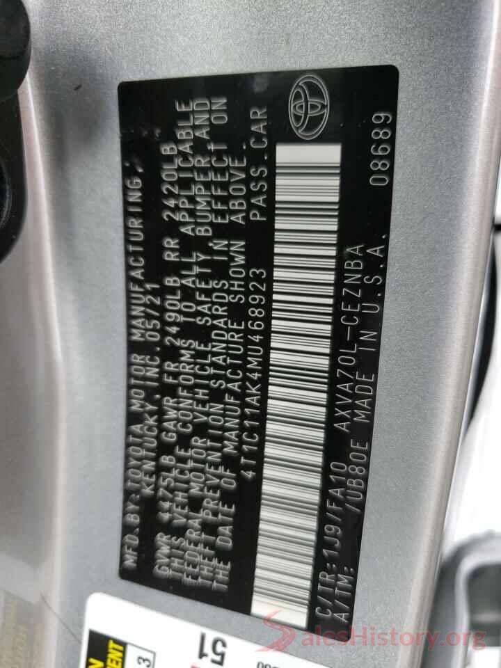 4T1C11AK4MU468923 2021 TOYOTA CAMRY