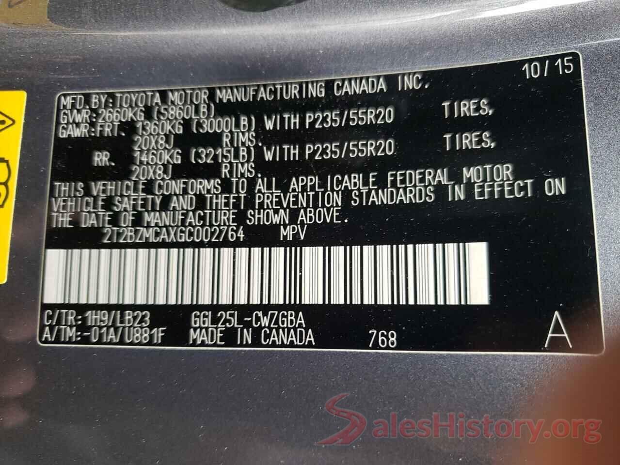 2T2BZMCAXGC002764 2016 LEXUS RX350