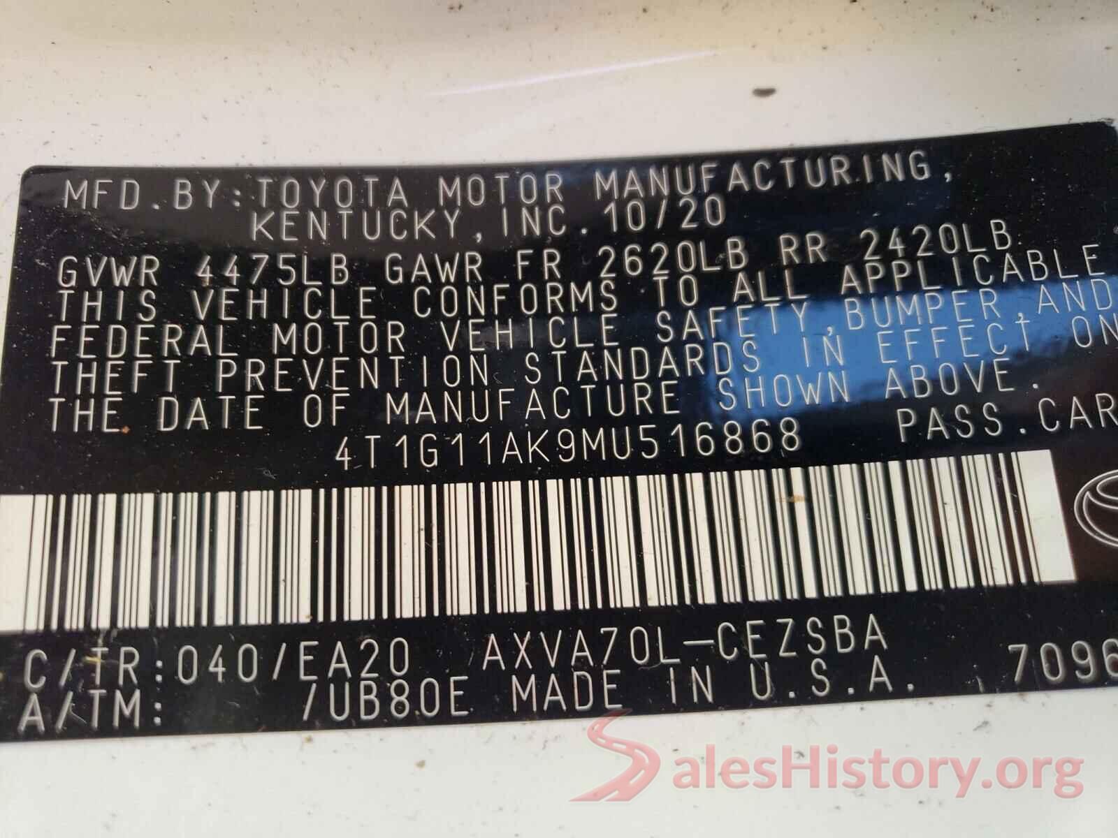 4T1G11AK9MU516868 2021 TOYOTA CAMRY