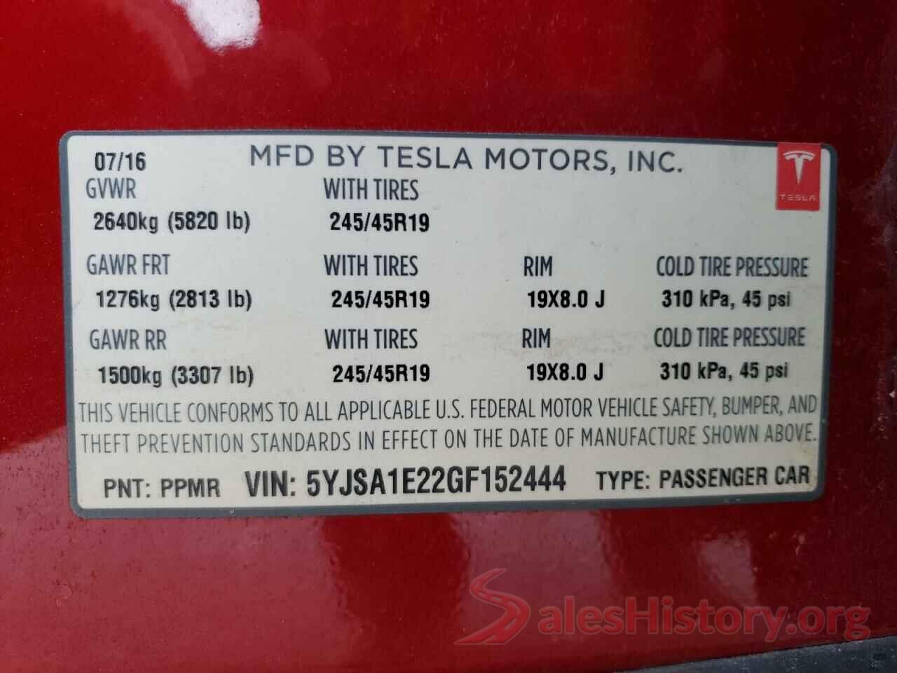 5YJSA1E22GF152444 2016 TESLA MODEL S