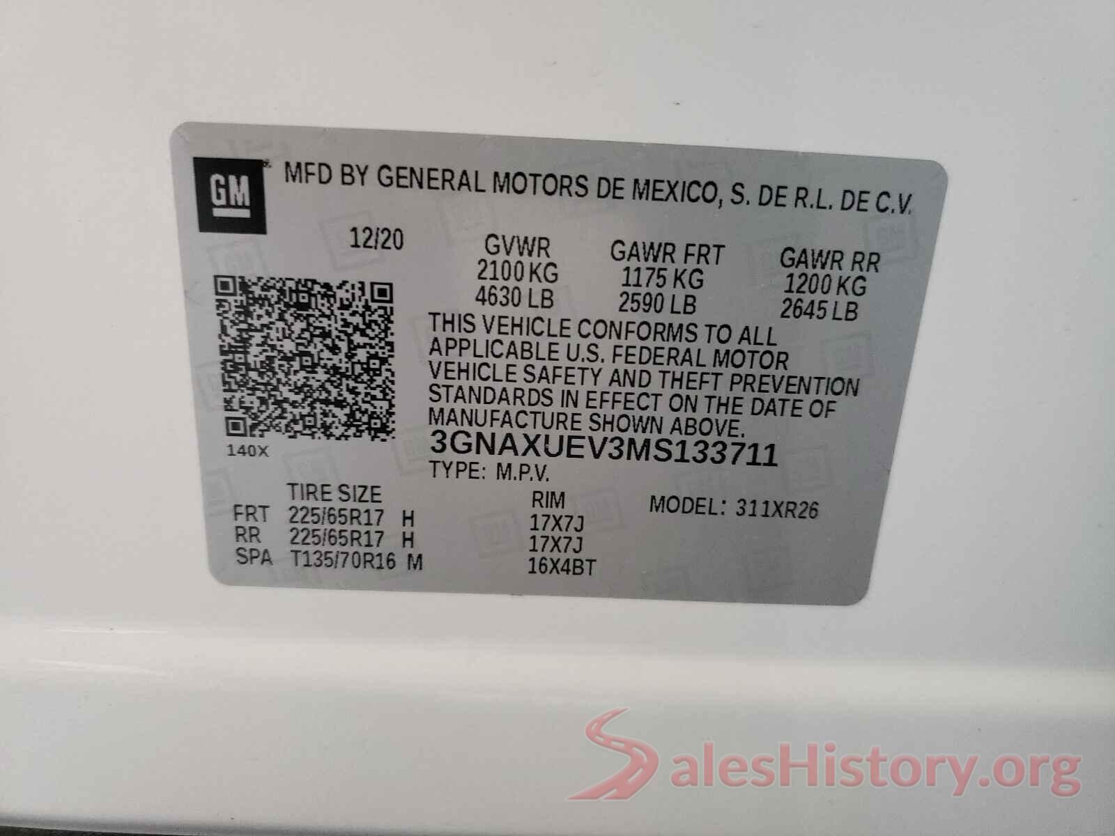 3GNAXUEV3MS133711 2021 CHEVROLET EQUINOX