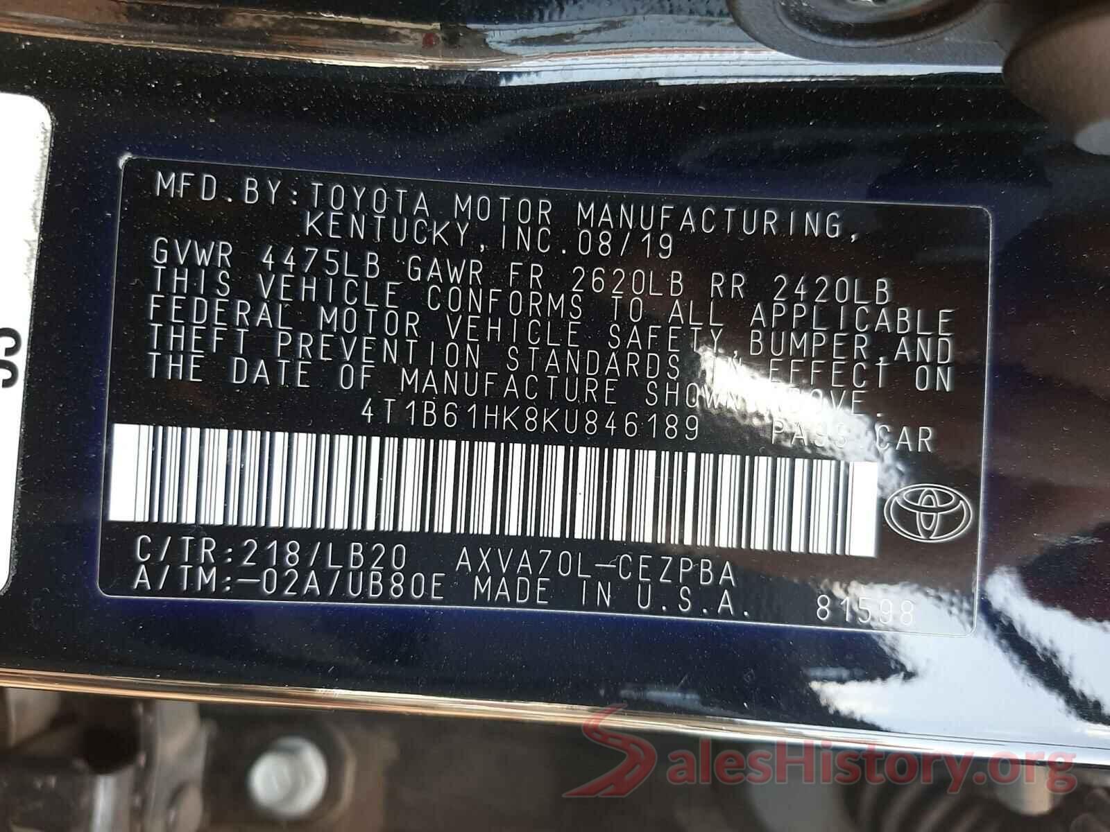 4T1B61HK8KU846189 2019 TOYOTA CAMRY