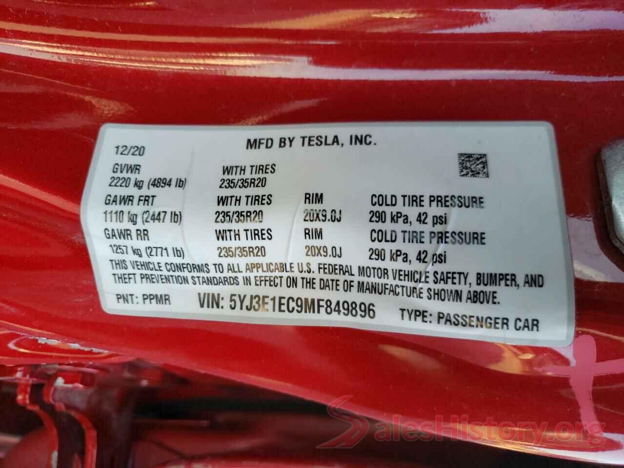 5YJ3E1EC9MF849896 2021 TESLA MODEL 3