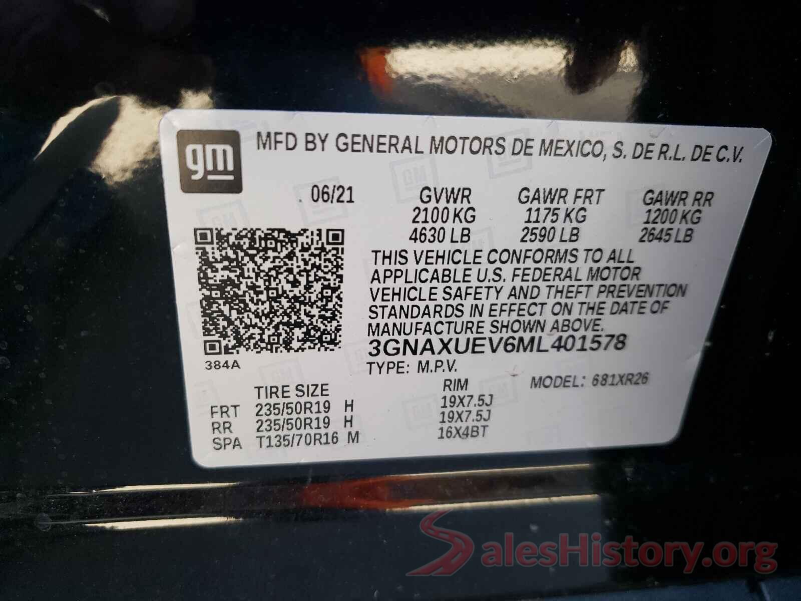 3GNAXUEV6ML401578 2021 CHEVROLET EQUINOX